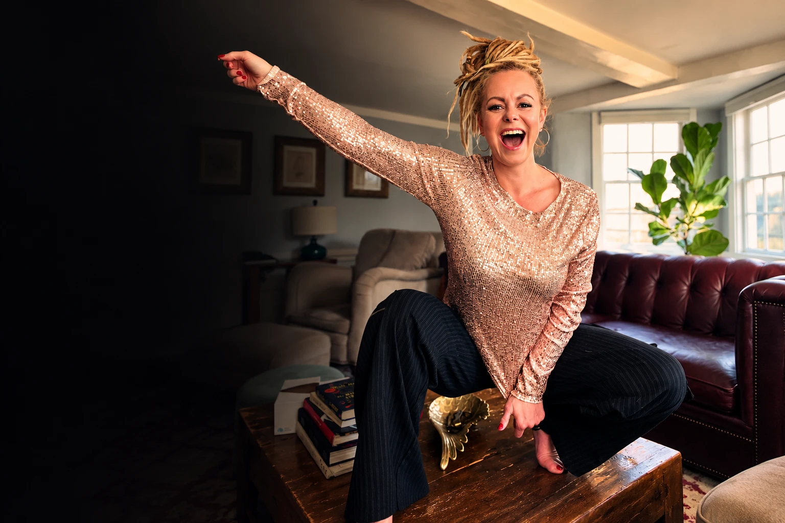 Marta Kagan laughing in a rose-gold sequin top in a living room, one arm flung out wide