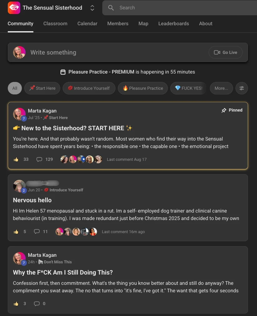 The Sensual Sisterhood community feed on Skool, with member posts, comments and an upcoming live Pleasure Practice