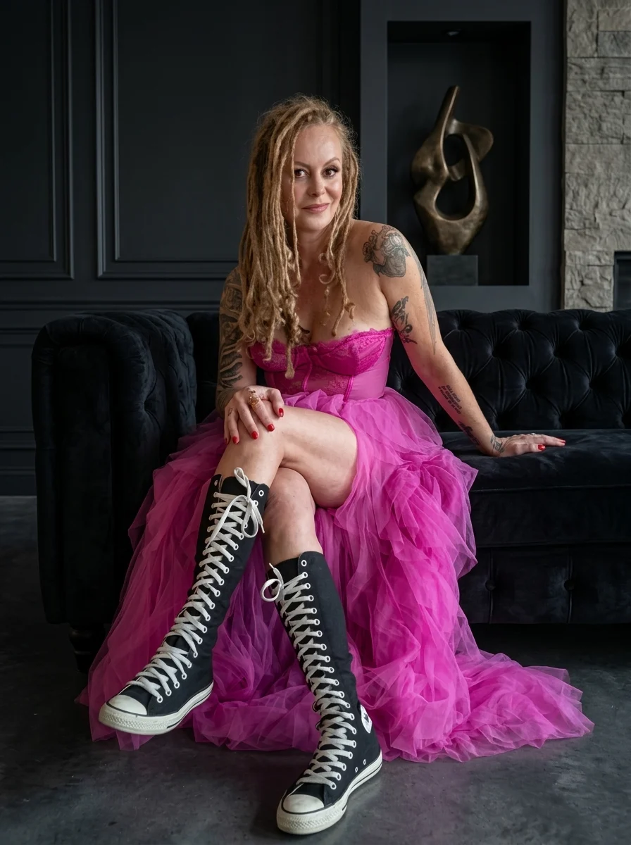 Marta Kagan in a hot-pink tulle dress and black Converse, seated on a black tufted sofa